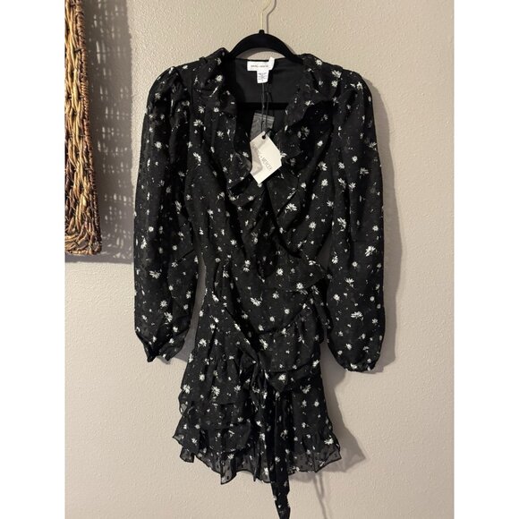 Spring + Mercer Women's Wrap Dress S Swiss Dot Floral Black White Ruffle NEW - Picture 9 of 11